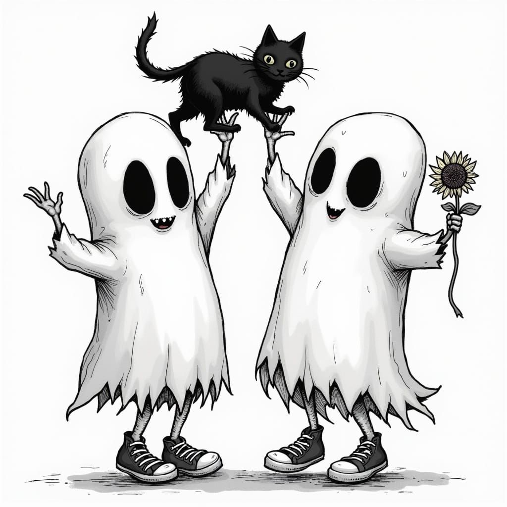 Dancing Ghosts with Cat and Sunflower, Black and White Illus...