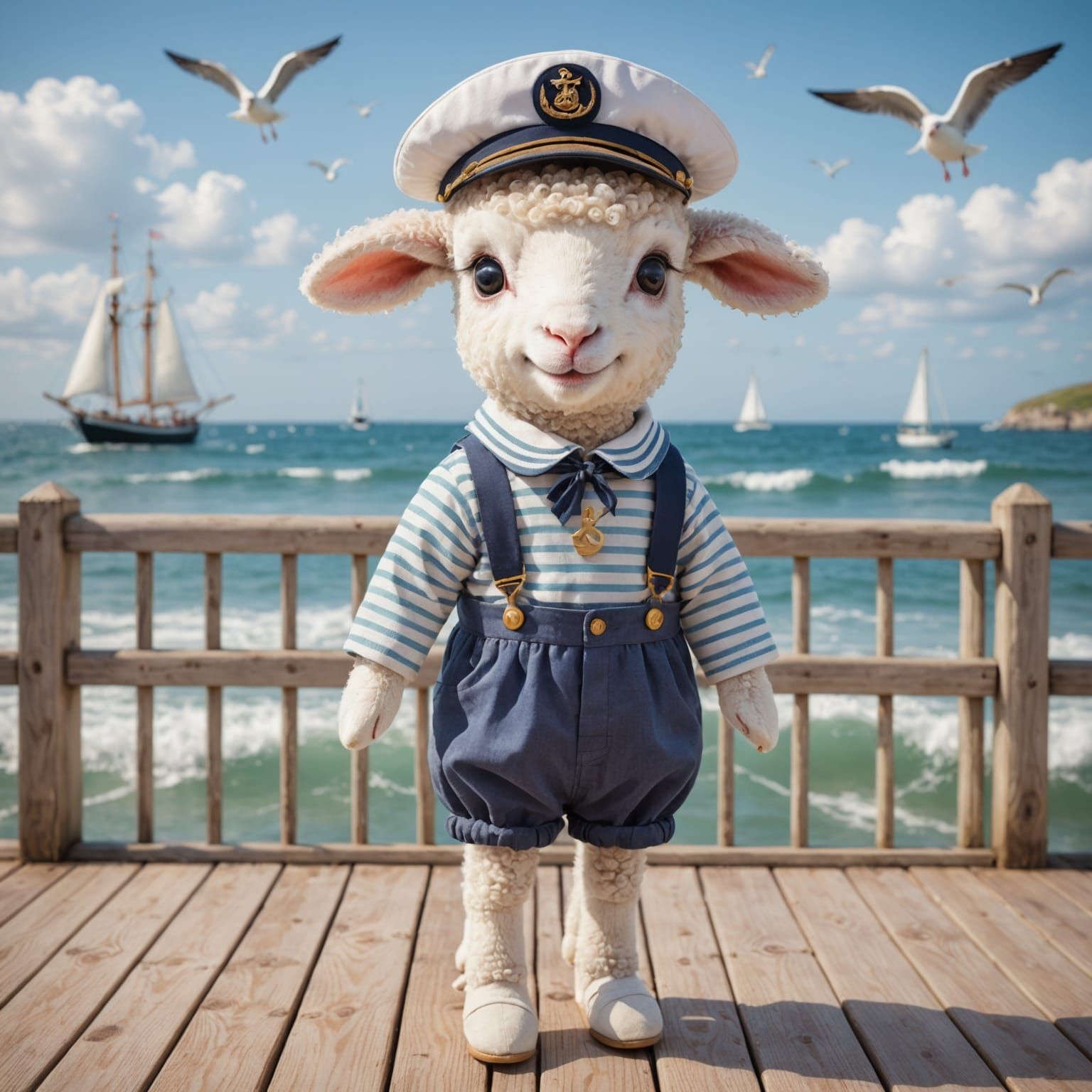 Lamb in Sailor Suit on Whimsical Deck