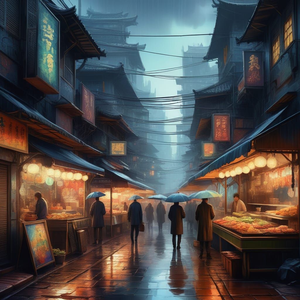 Epic Cyberpunk Night Market Scene in Gouache Style