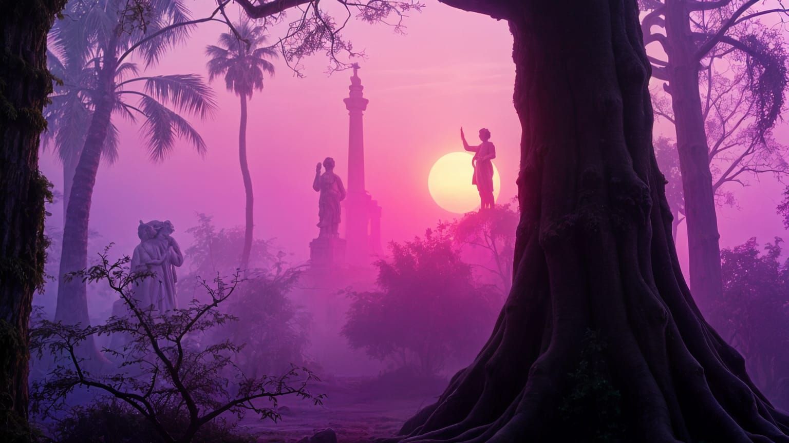 Enchanted Forest with Neon Pastel Fog and Greco-Roman Statue...