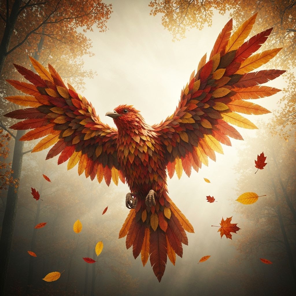 Colossal Autumnal Bird Soaring Above Misty Forest
