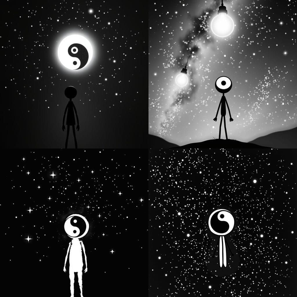 Surreal Stick Figure Contemplates Celestial Harmony