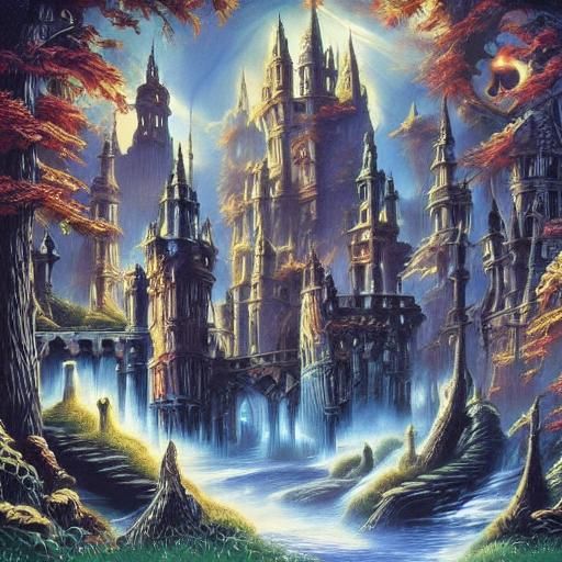 <lora:CosmicLightDreaminV8:1.0> π€ π§ββοΈ castle π§ββοΈ woods fantasy Boris Vallejo Brian Froud