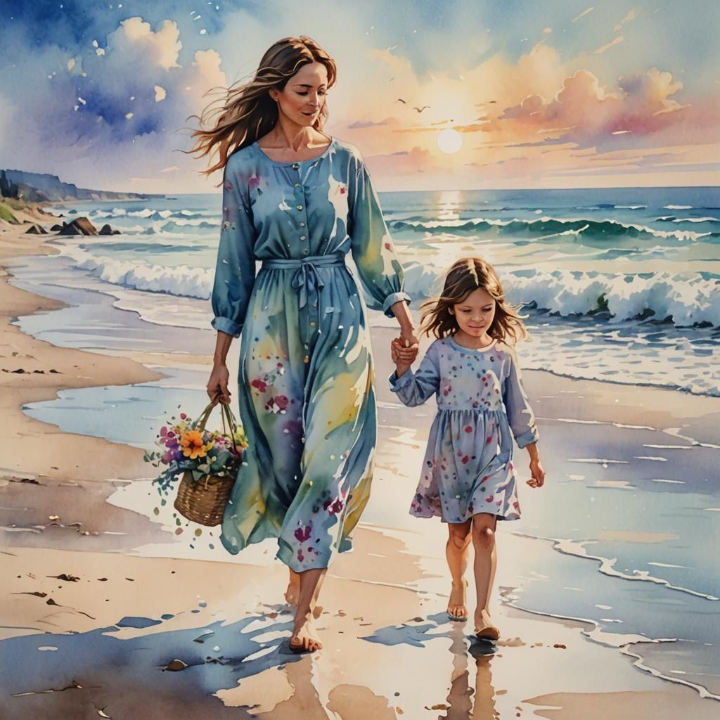 Watercolor Painting of Mother and Daughter on Beach