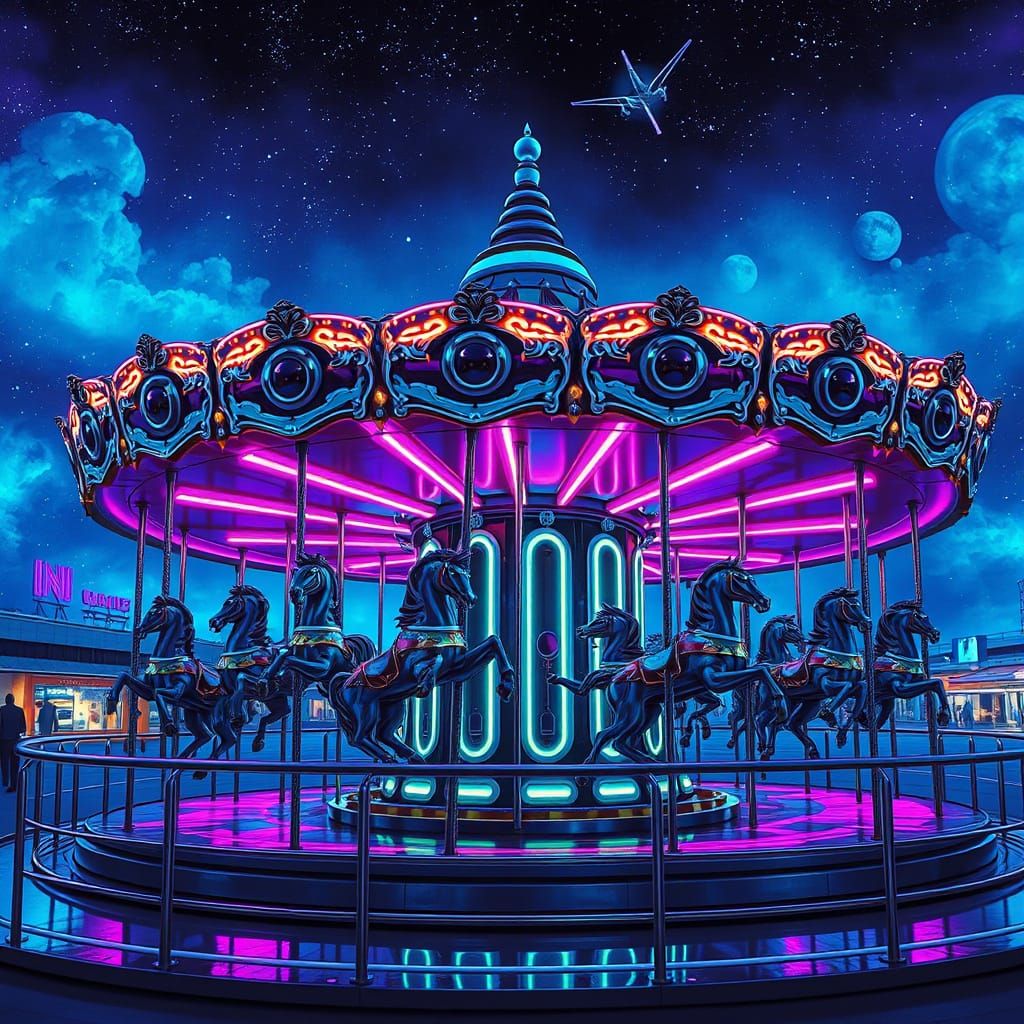Futuristic Chrome Carousel Under Bioluminescent Sky