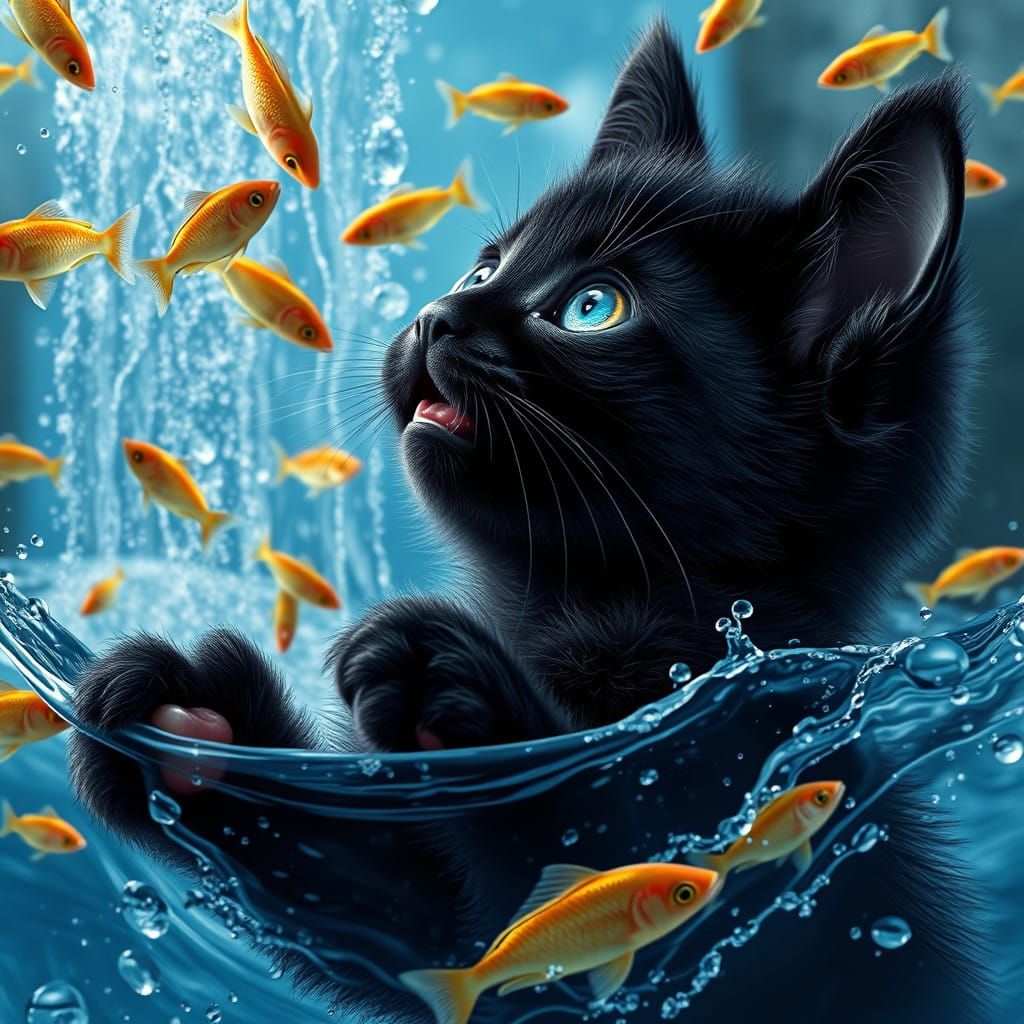 Mystical Cat Gazing Up at a Golden Sky River