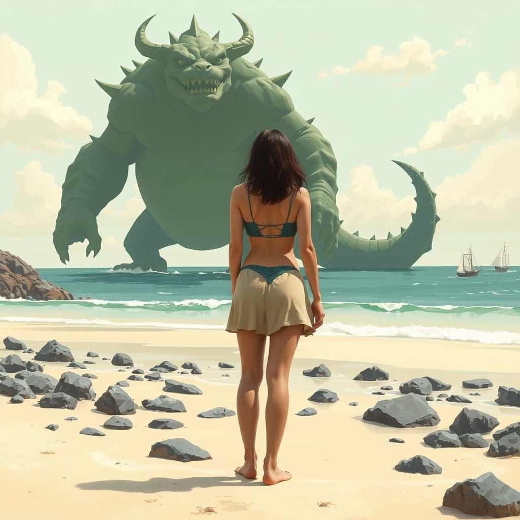 Surreal Fantasy Beach Scene with a Massive Reptilian Figure