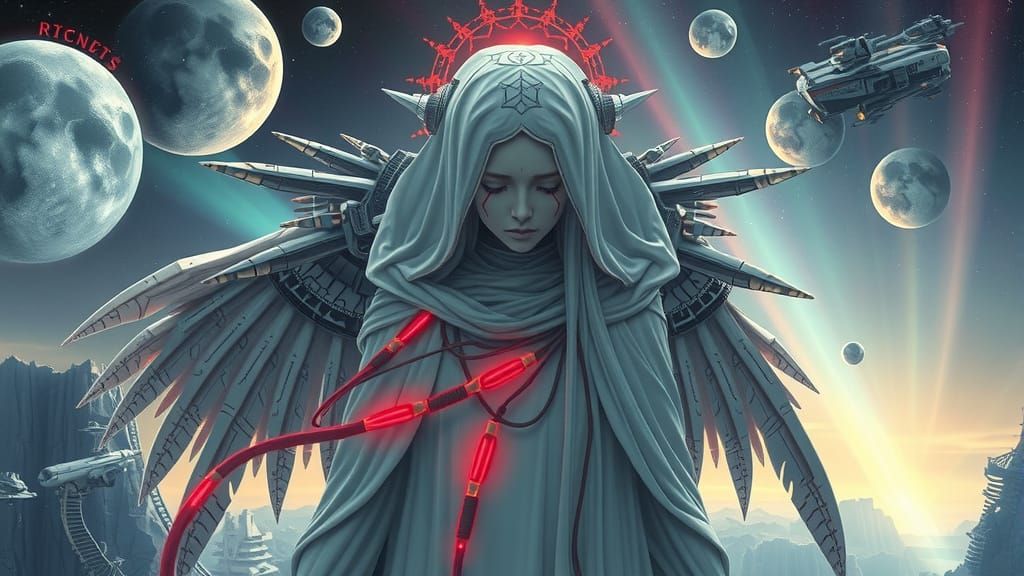 Cybernetic Goddess in Sorrow with Metallic Wings