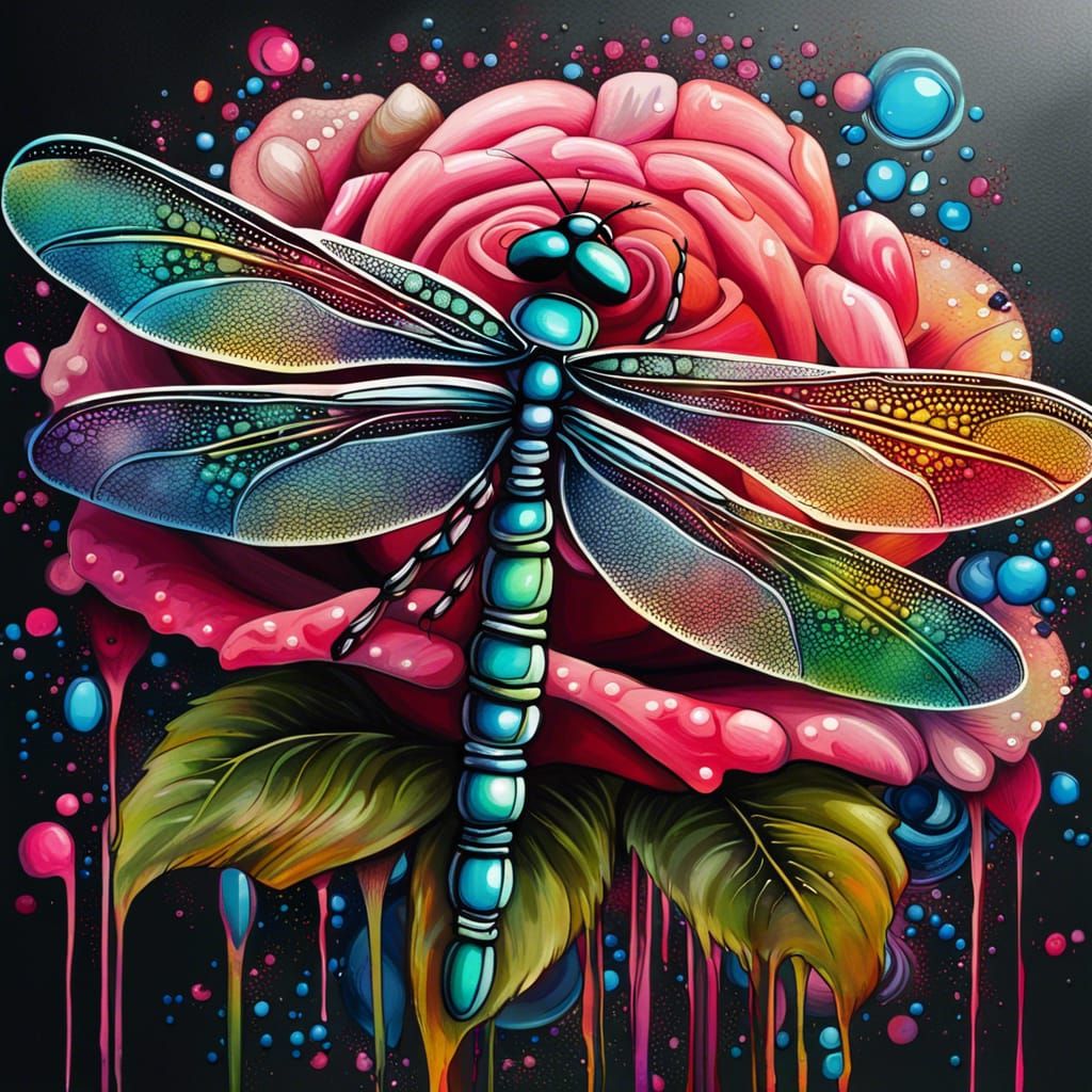 Dragonfly on Rose in Graffiti Splash Art Style