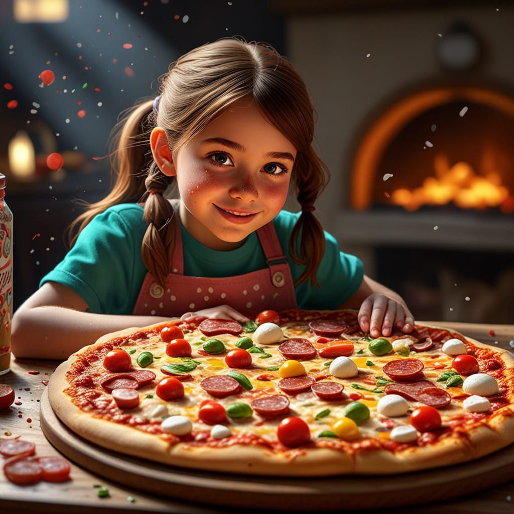 Little Girl Making Pizza in Candy Art Style