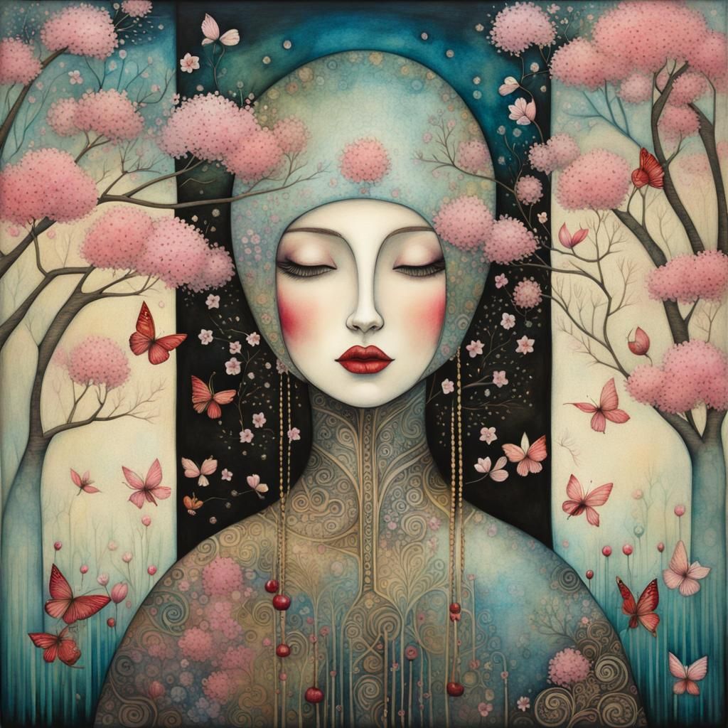 Transparent Woman with Cherry Blossoms in Art Brut Style