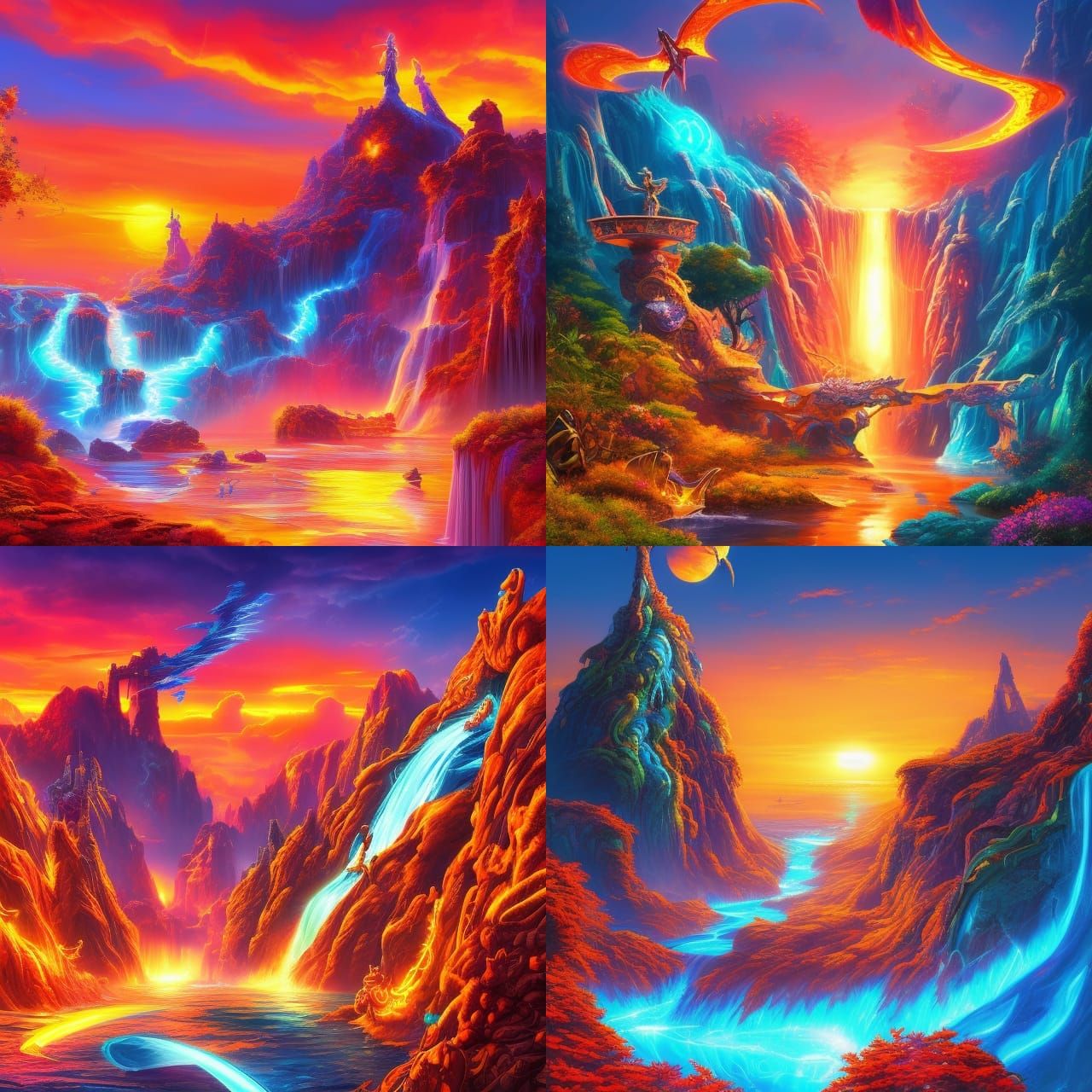 Ethereal Neon Wonderland with Waterfall