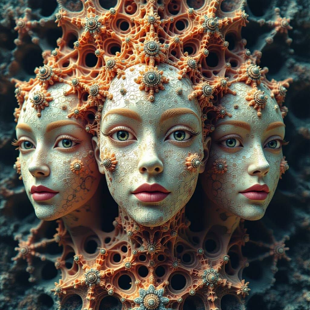 Surreal 3D Render of Fractal Faces with Jewel Eyes