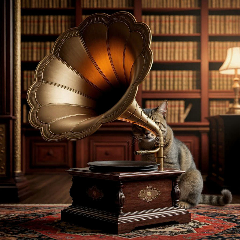 Ginger Tabby Peek-a-Boo Behind Antique Gramophone