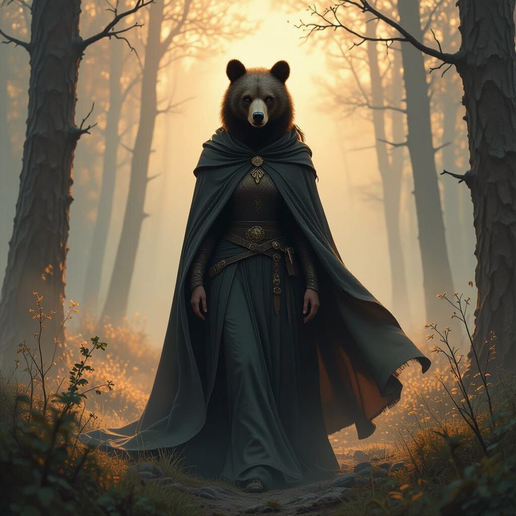 Bear Woman in Misty Forest, Fantasy Art