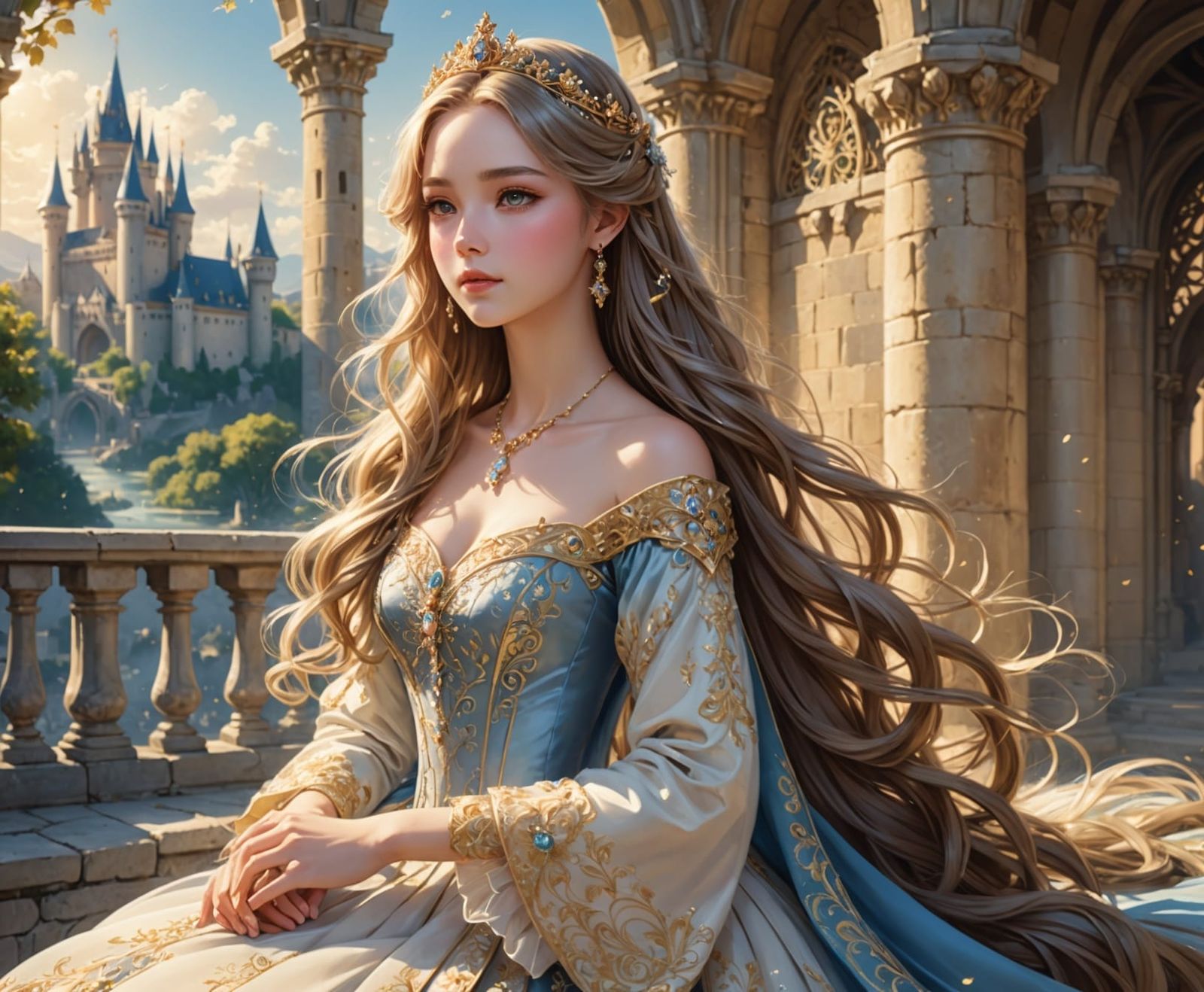 Anime Princess in Ornate Castle with Pastel & Gold Palette