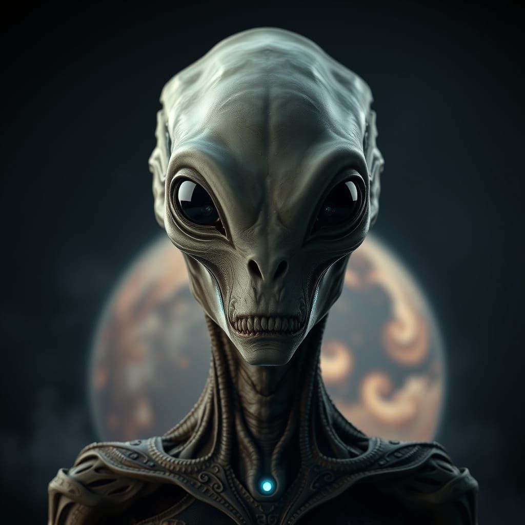 Hyperrealistic Alien Portrait in Dark Nebula Background