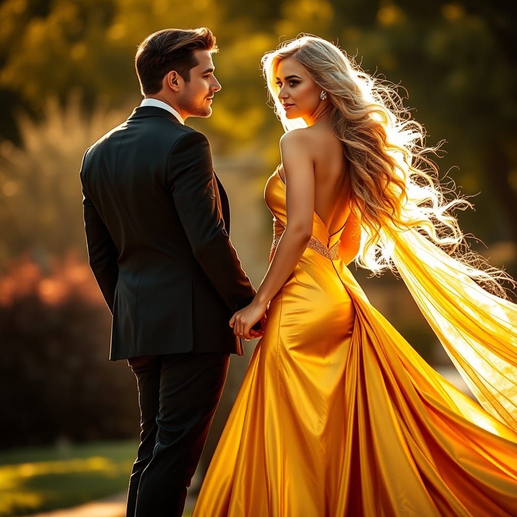 Golden Couple's Radiant Love in Elegant Portrait