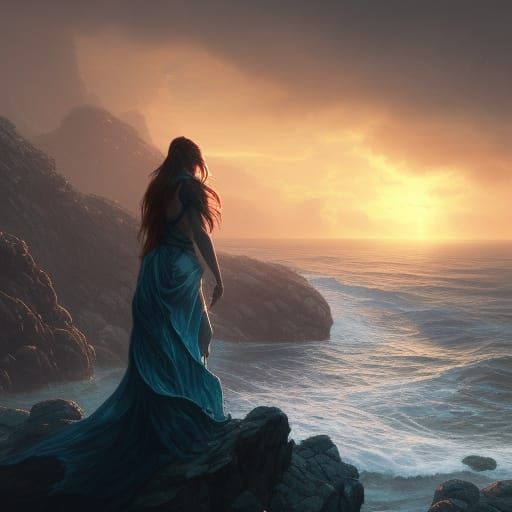 Girl Awaits at Sunrise: Dark Fantasy Art