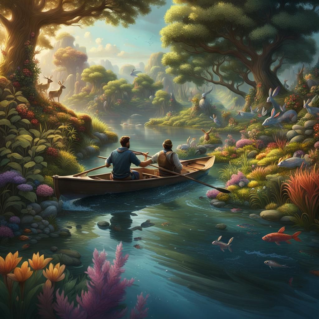 Peaceful River Scene with Man, Animals, in Matte Painting