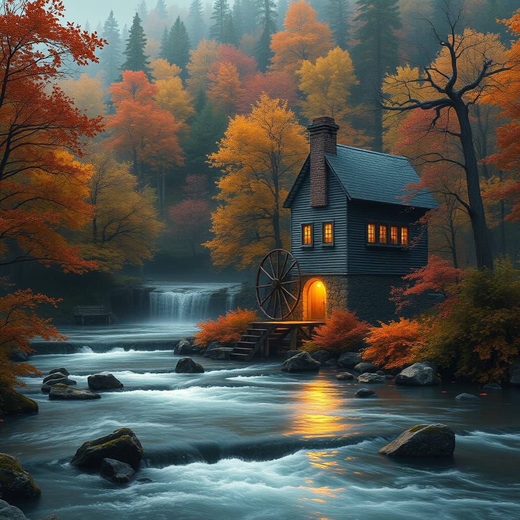 Spectral Watermill Amidst Autumn Forest in Hyperrealistic St...