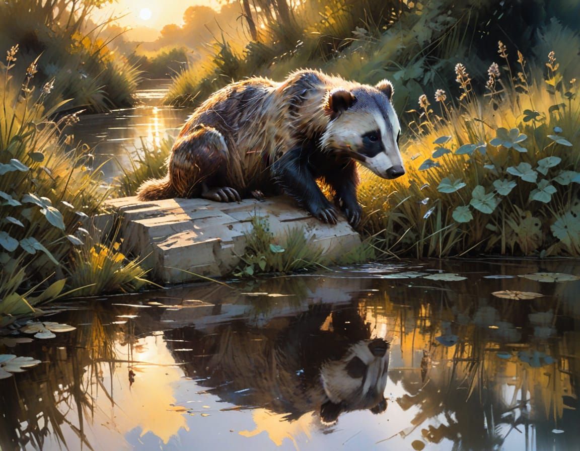 Badger Dozing near Canal Lock in Watercolor Style