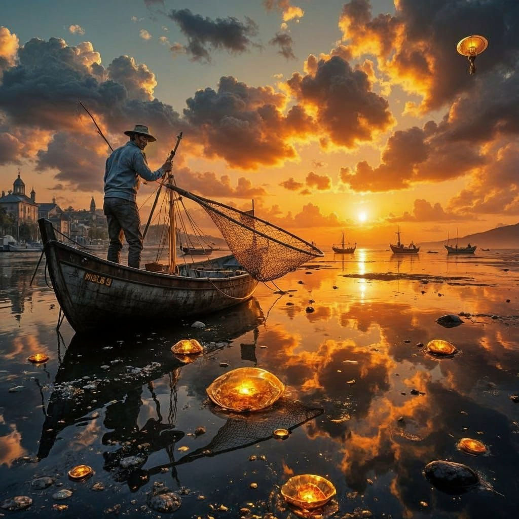Fisherman Casting Net on Molten Gold Sea at Dawn