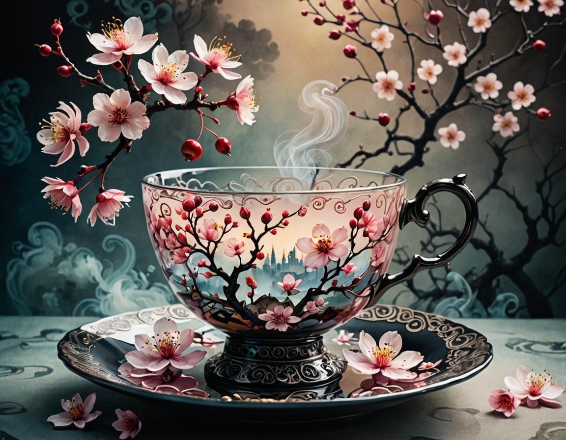 Surreal Cherry Blossom Teacup with Tattoo Background