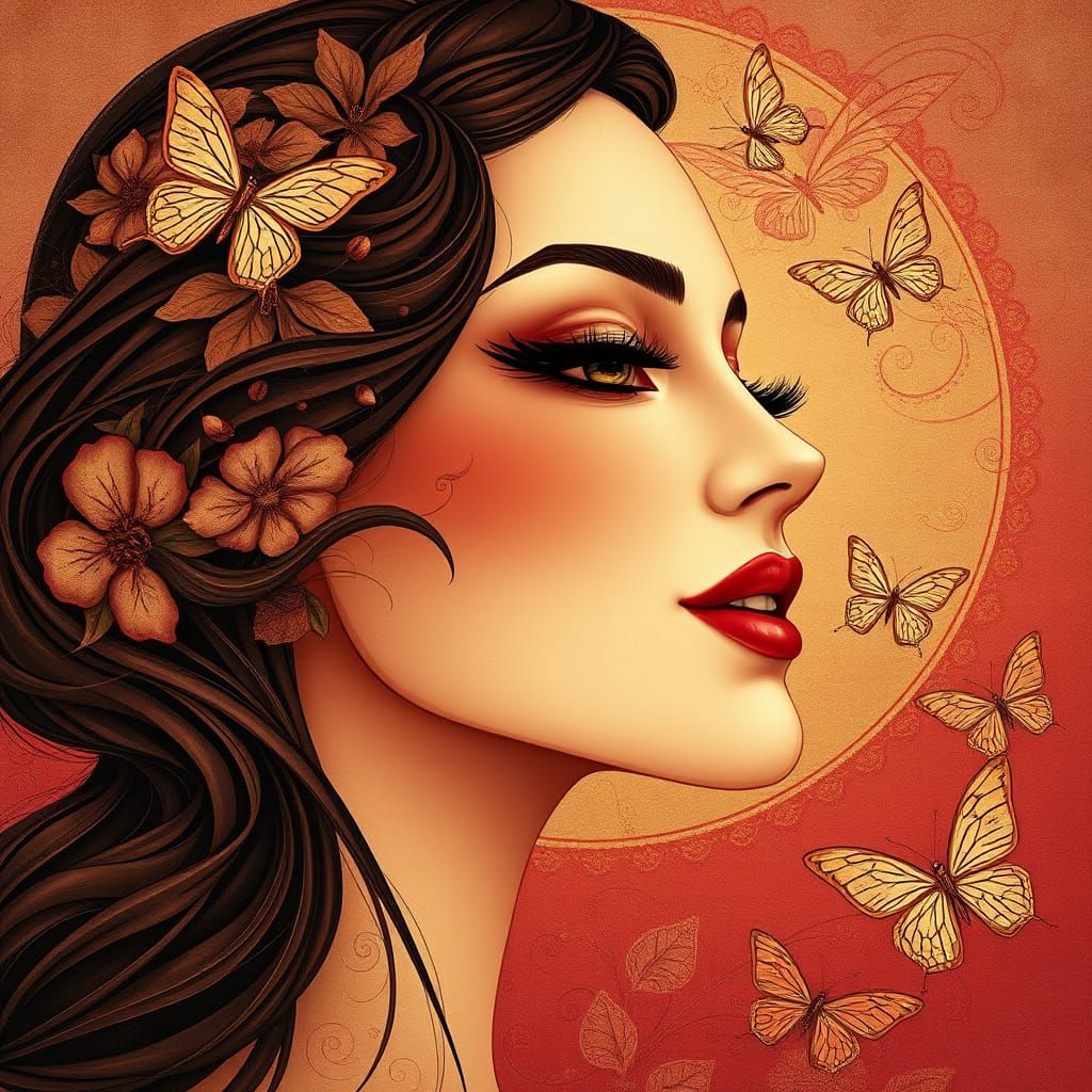 Ethereal Art Nouveau Portrait with Floral Patterns and Delic...