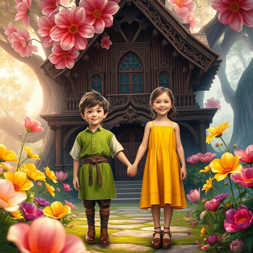 Whimsical Children in Front of Ancient Wooden House with Vib...