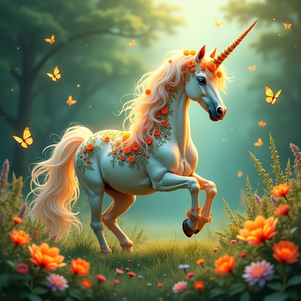 Majestic Unicorn in Art Nouveau Meadow, Digital Painting