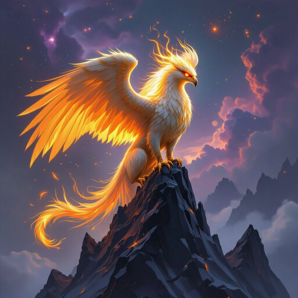 Golden Griffin Perched Atop Obsidian Peak