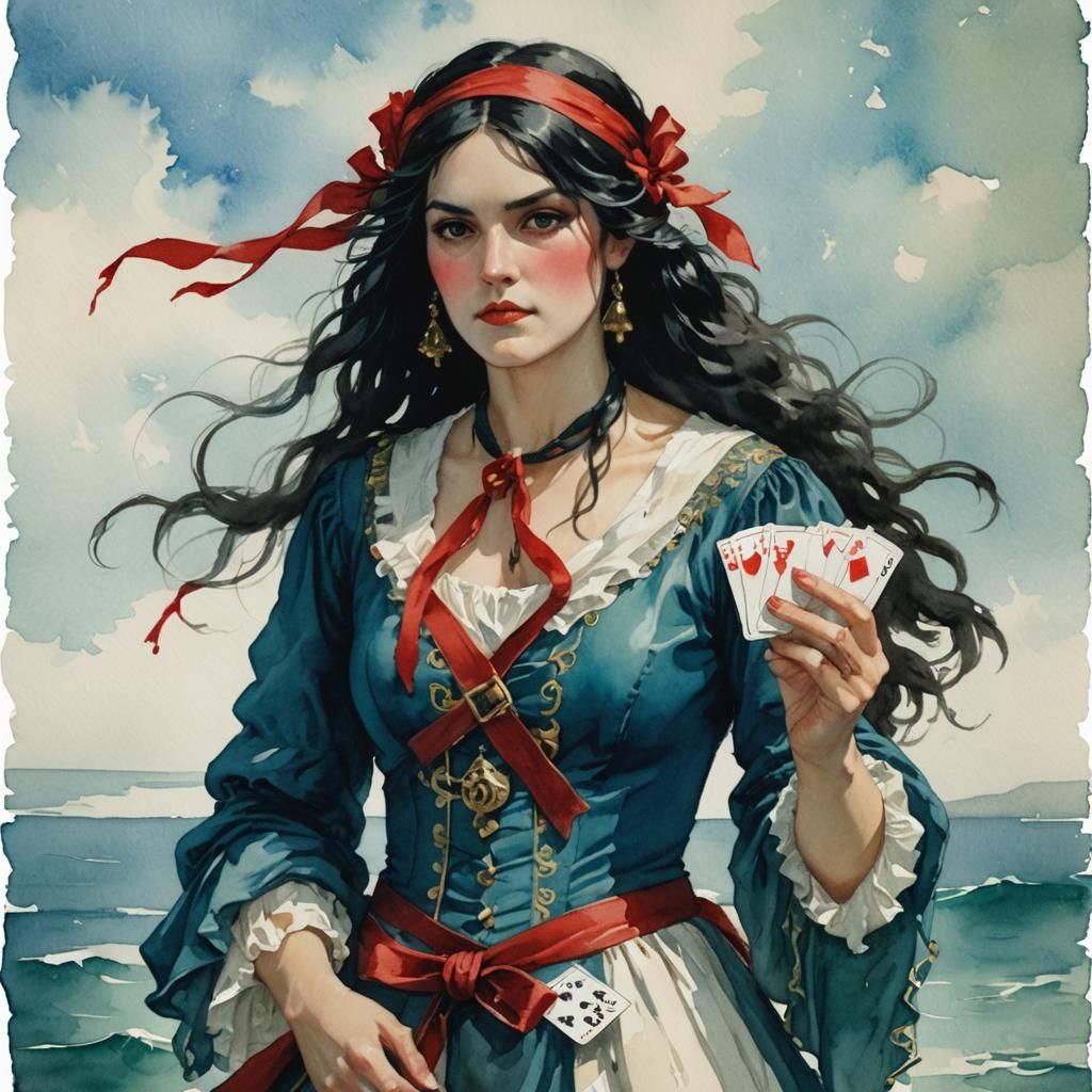Pirate Lady with Playing Cards in Watercolor Style
