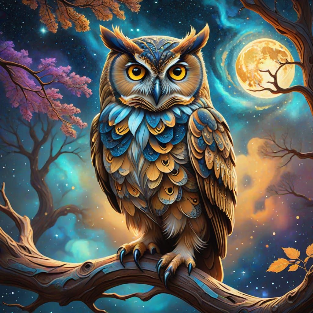 Majestic Owl in Cosmic Nebula, Art Nouveau Style