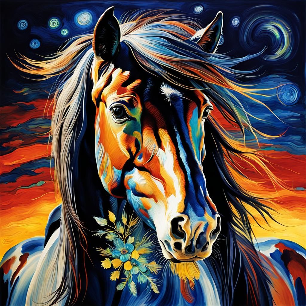 Lakota Heyoka Horse Painting in Van Gogh Style