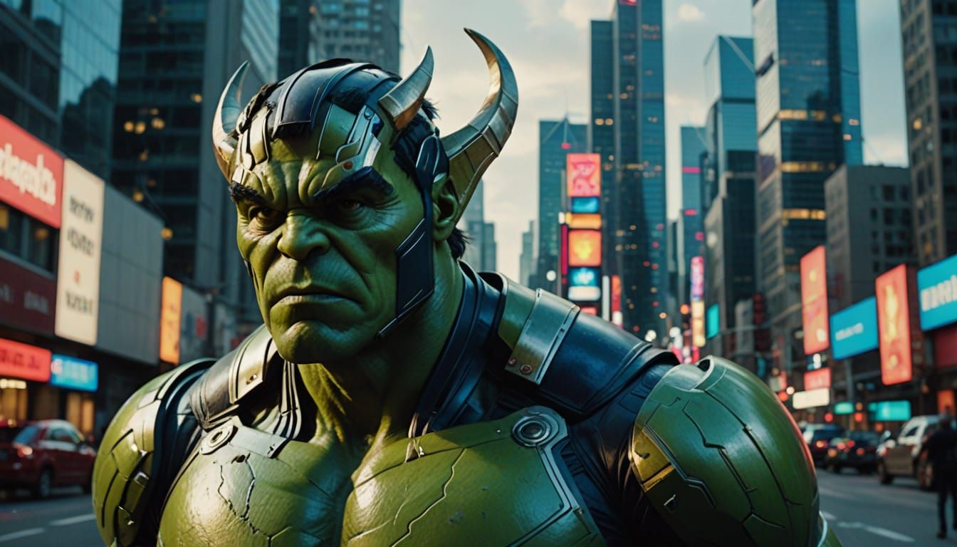 Armored Hulk in Futuristic City: Cinematic Film Still
