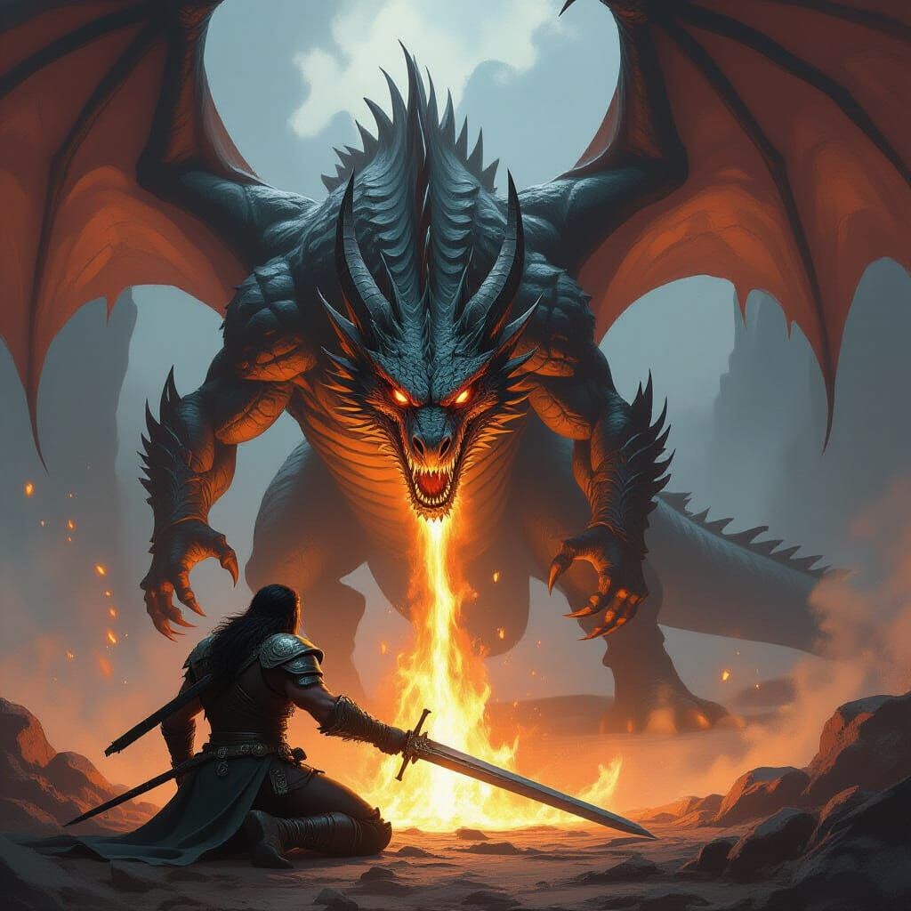 Warrior Faces Dragon's Fiery Breath in Dark Fantasy Illustra...