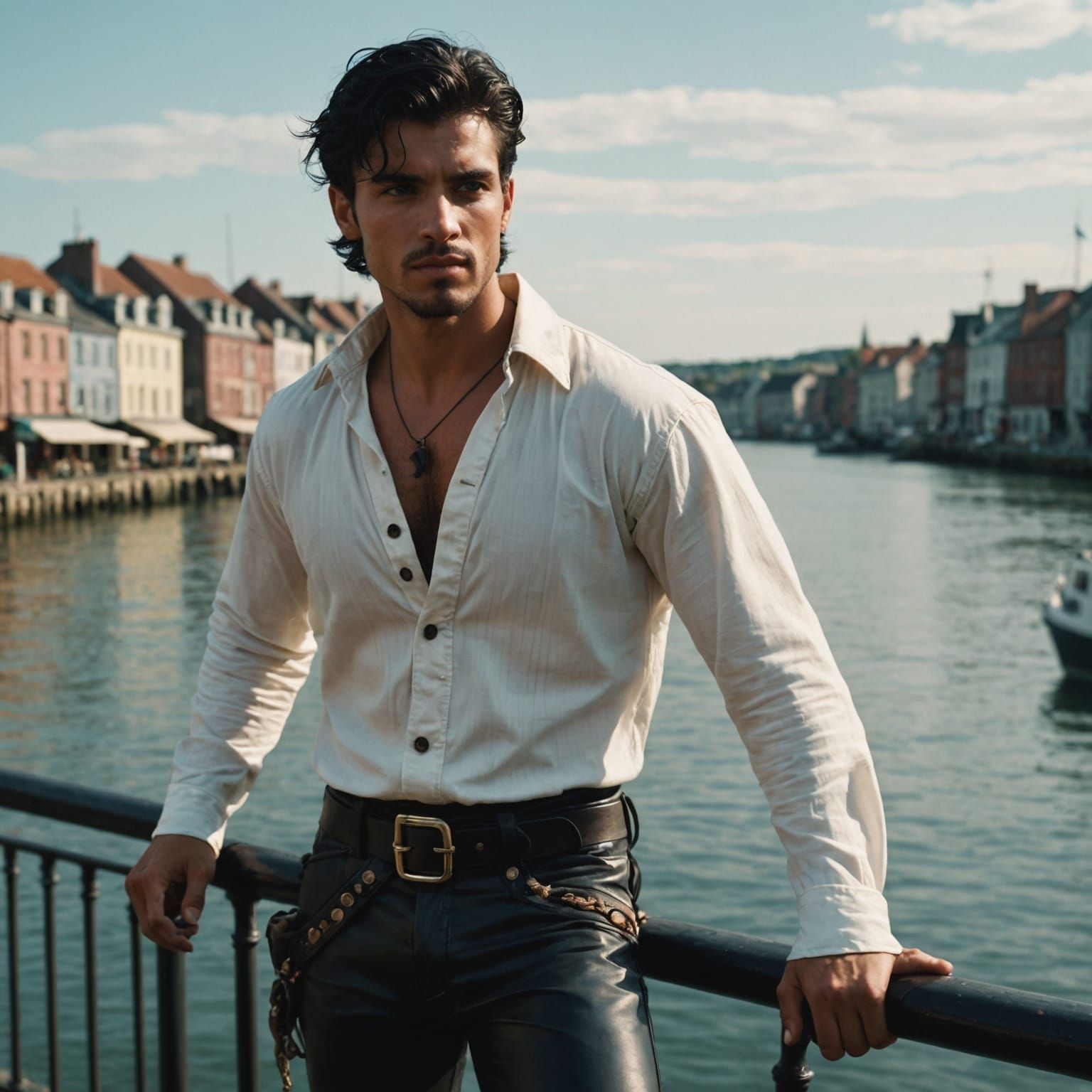 Handsome Pirate in Waterfront Town: Cinematic Film Still