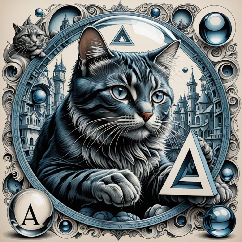 Playful Cat Interacts with Optical Illusion in Escher-Inspir...