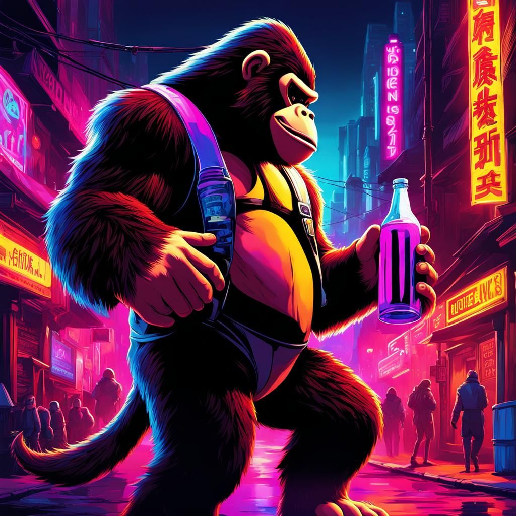 Donkey Kong Drinks in Cyberpunk Cityscape
