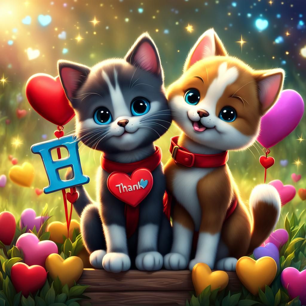 Cartoon Kitten and Puppy Spread Heartfelt Thanks