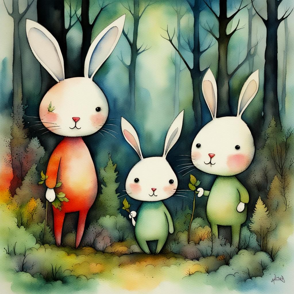 Two Bunnies in Forest: Alexander Jansson Watercolour