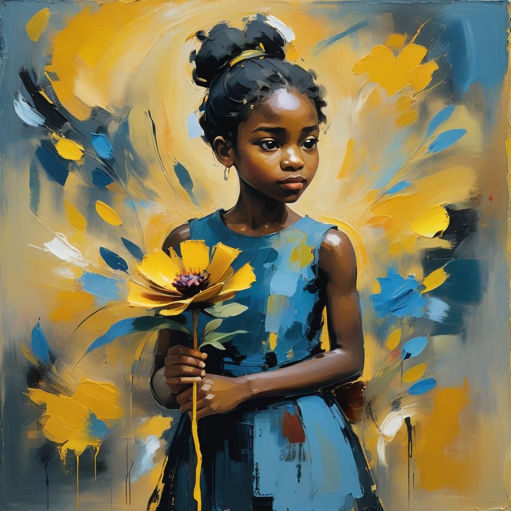 Young Girl with Flower in Abstract Expressionism Style
