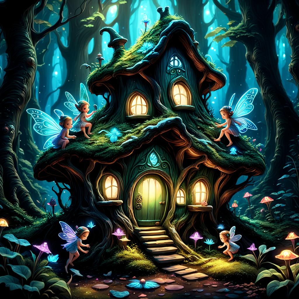 Fairy Babies Playing in Enchanted Forest, Dark Fantasy Art