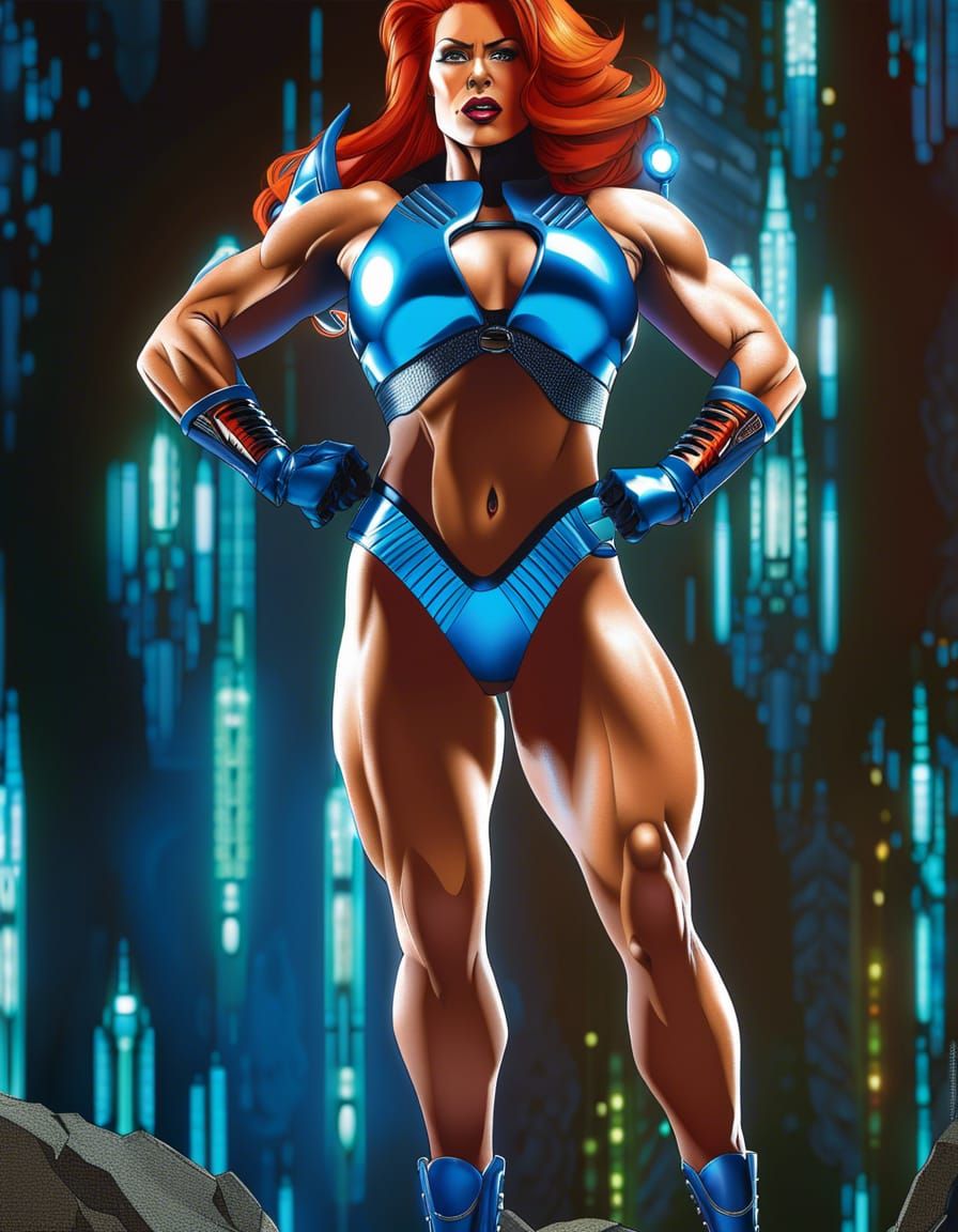 Futuristic Amazon Warrior Shouts From Cliffside