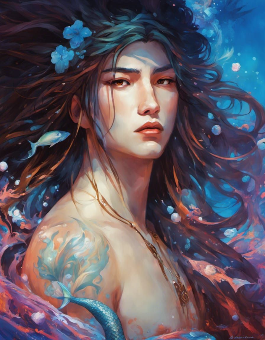 Male Mermaid in Graffiti Art Style Underwater