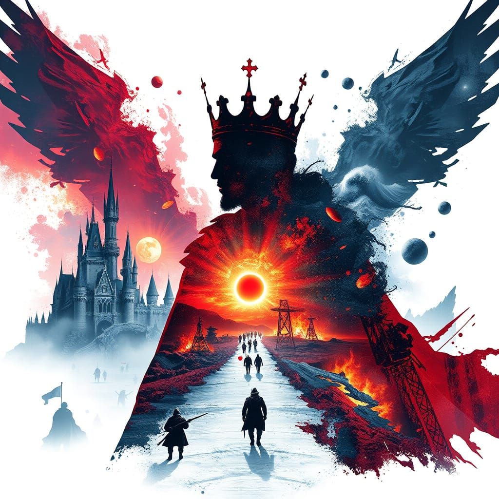 Dark, Apocalyptic King in a Chaotic, Glitched Landscape