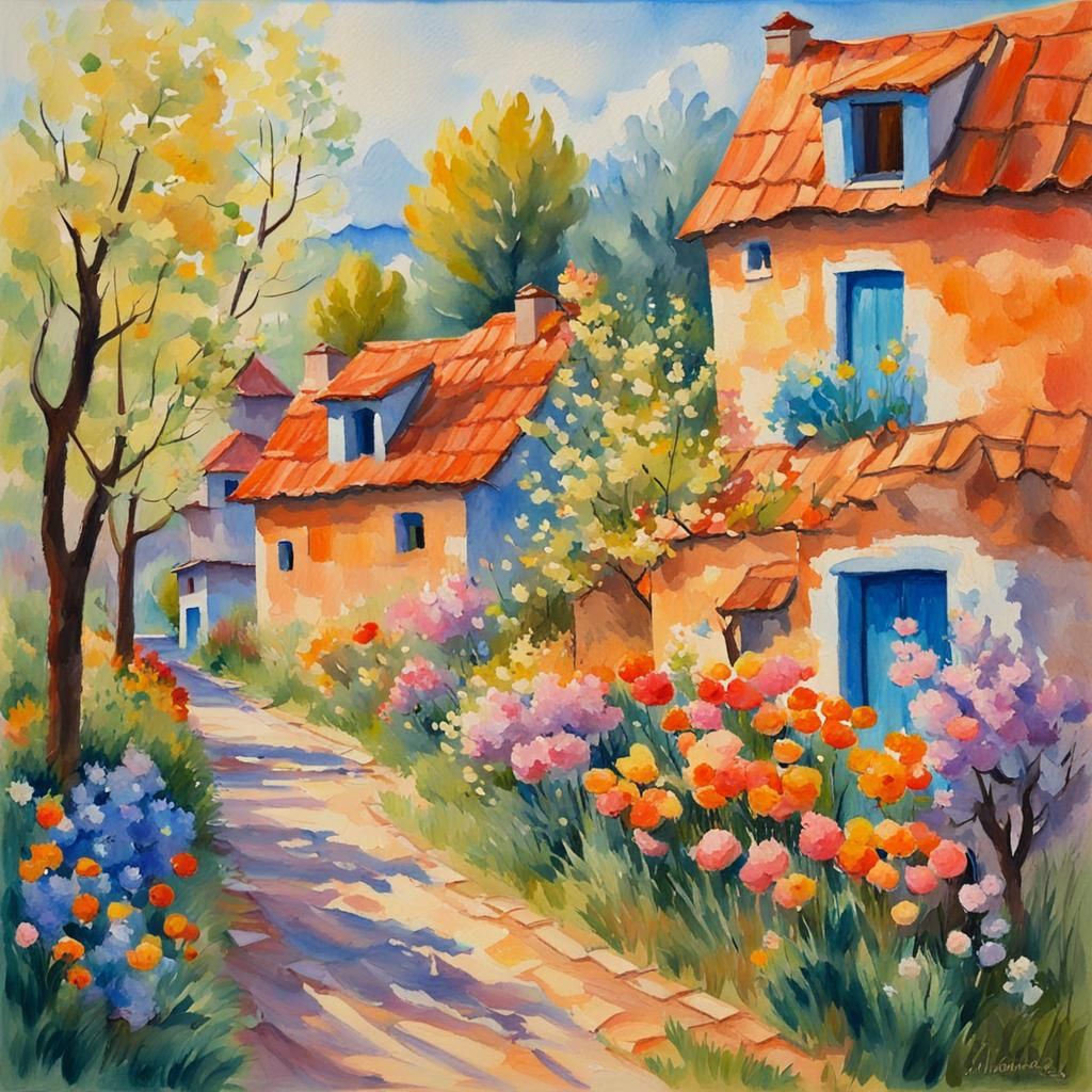Spring Village Houses in Gouache Watercolor Style