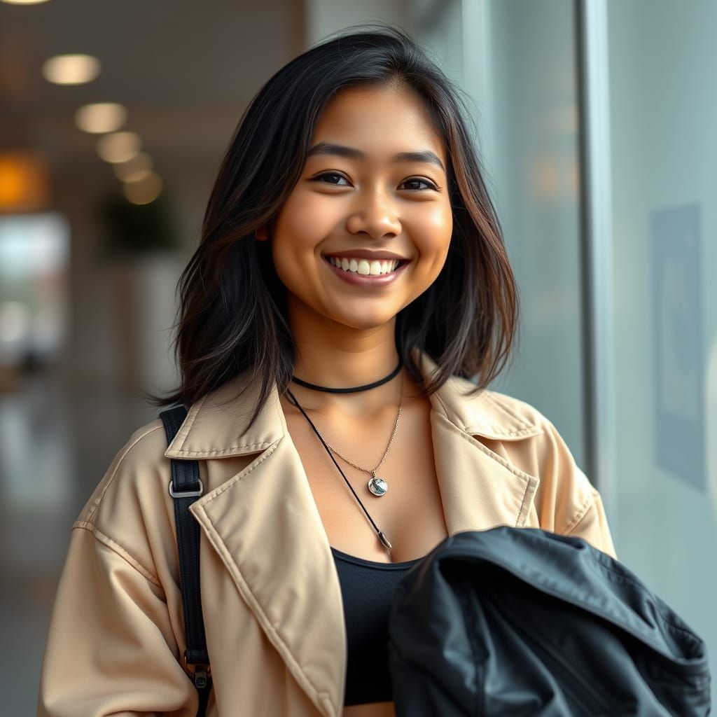 Teenage Filipina in Gen Z Outfit Smiling Contentedly