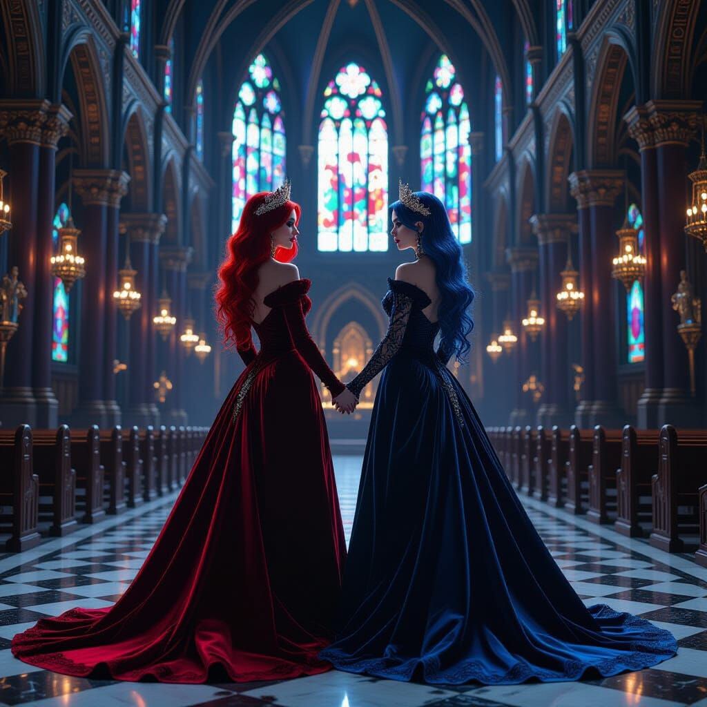 Gothic Queens in Cathedral, Hyper-Detailed Digital Art